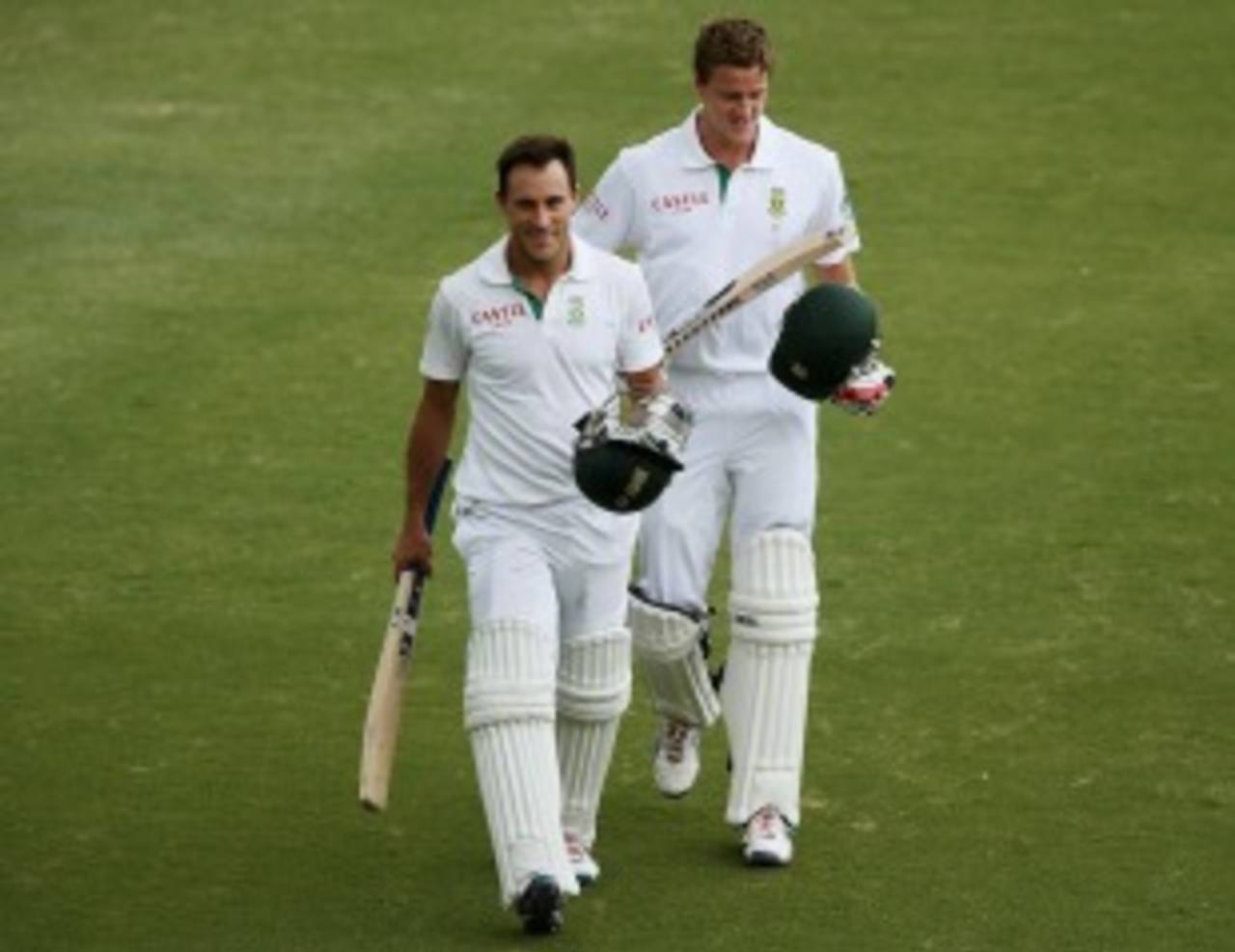 Faf du Plessis and Morne Morkel walk off after saving the Test, Australia v South Africa, 2nd Test, Adelaide, 5th day, November 26, 2012