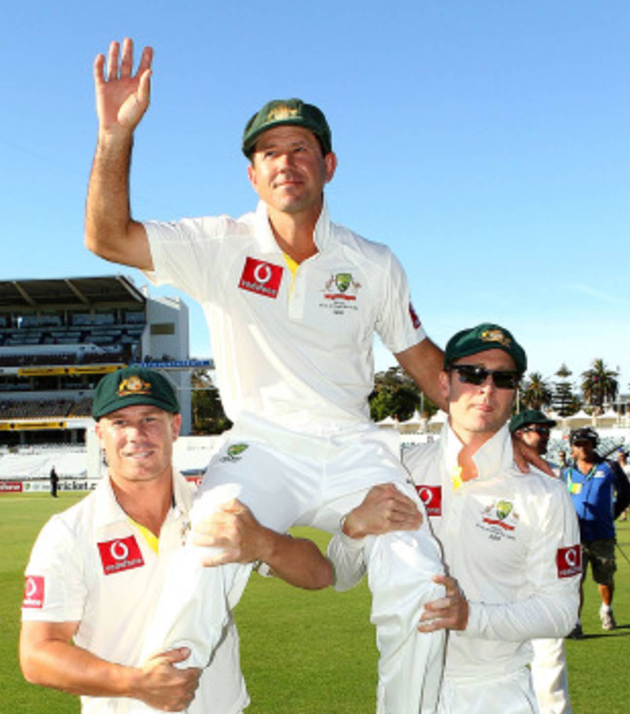 Ricky Ponting is carried by David Warner and Michael Clarke after the Perth Test, Australia v South Africa, 3rd Test, Perth, 4th day, December 3, 2012