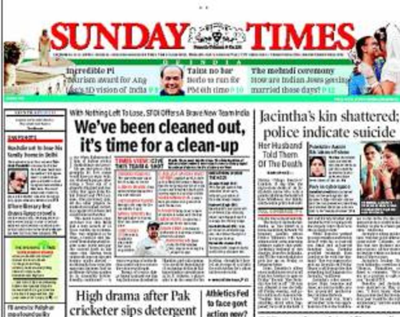 The front-page headline in the <i>Sunday Times of India</i>&nbsp;&nbsp;&bull;&nbsp;&nbsp;Sunday Times of India