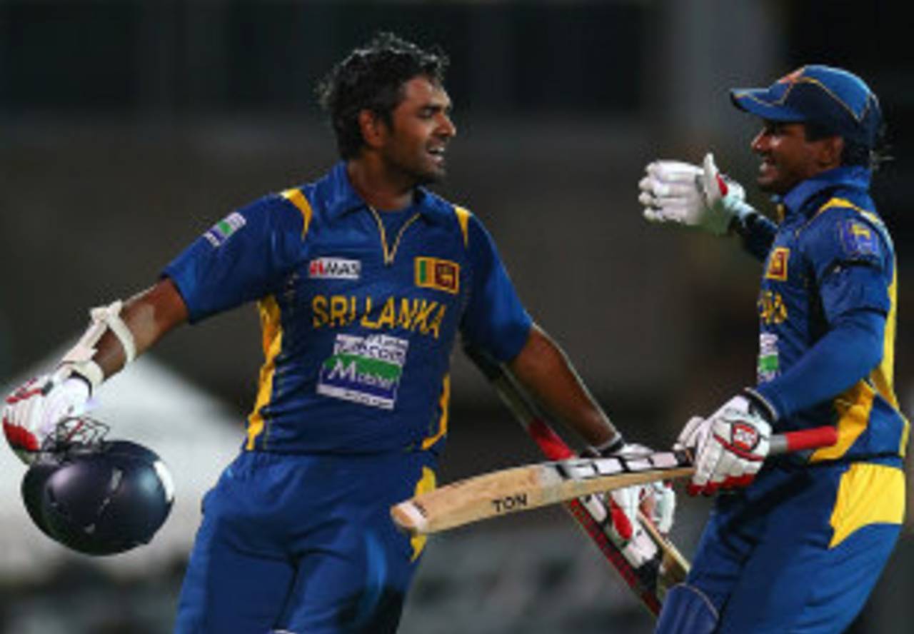 Lahiru Thirimanne is congratulated by Kusal Perera for his century, Australia v Sri Lanka, 2nd ODI, Adelaide, January 13, 2013