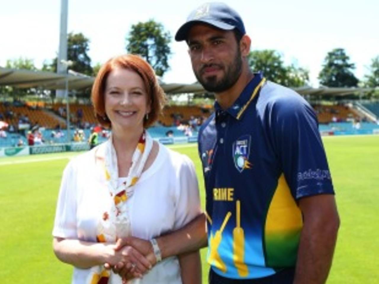 Fawad Ahmed with Australia's Prime Minister Julia Gillard, Prime Minister's XI v West Indians, Canberra, January 29, 2013