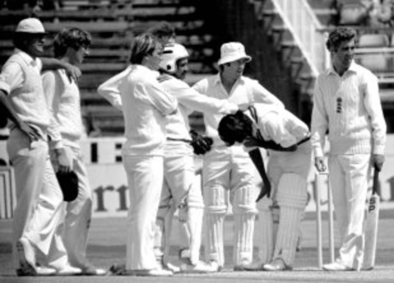 England players gather round Iqbal Qasim after he was struck by a Bob Willis bouncer, England v Pakistan, 1st Test, Leeds, June 6, 1978