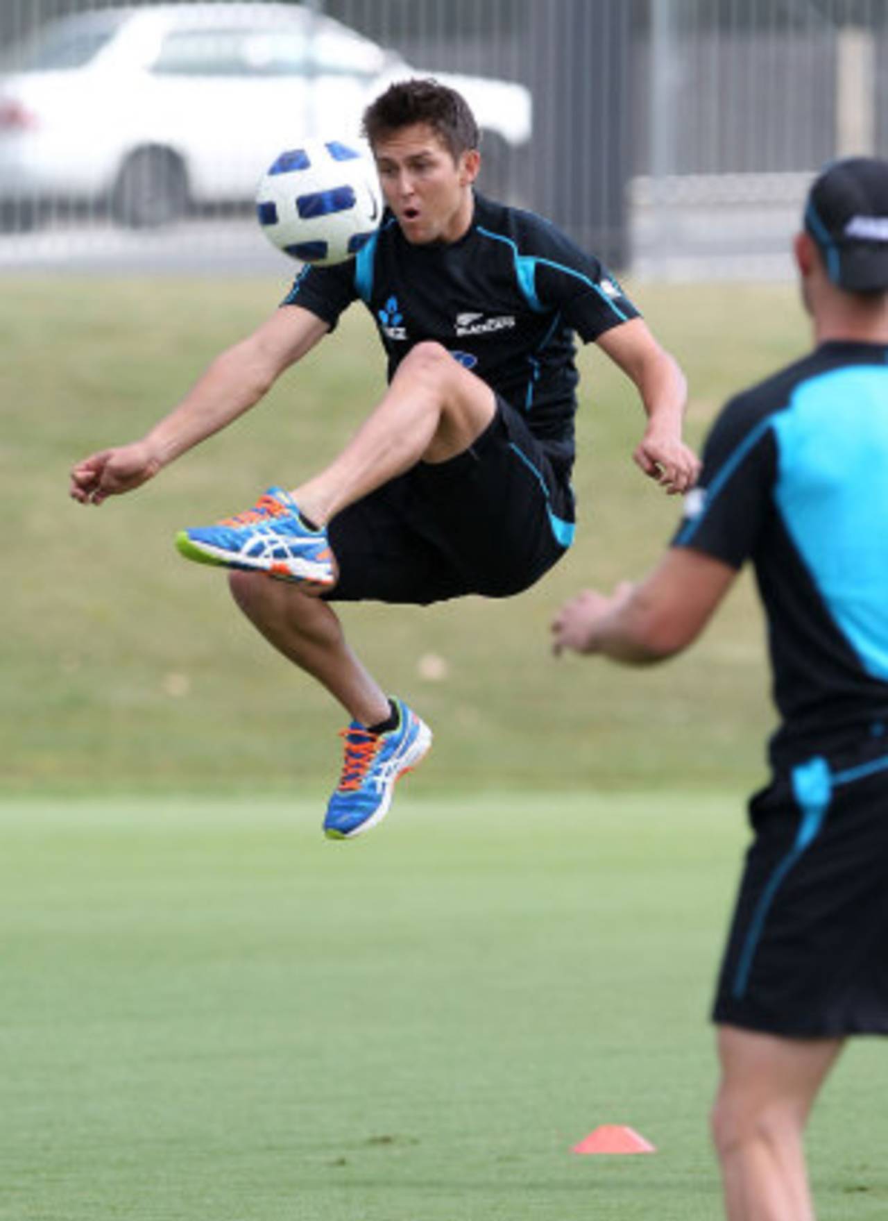 Trent Boult shows off his football skills at training, Auckland, February 7, 2013