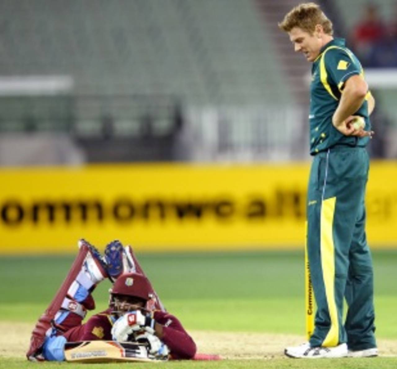 James Faulkner looks down on Devon Thomas after running him out, Australia v West Indies, 5th ODI, Melbourne, February 10, 2013