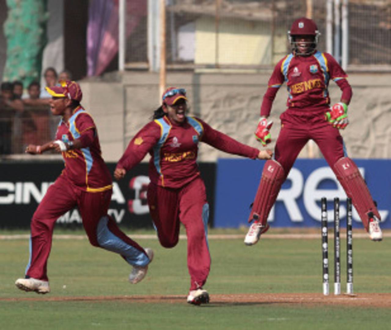 West Indies players react after defeating Australia to reach their first World Cup final, Australia v West Indies, Women's World Cup 2013, Super Six, Mumbai, February 13, 2013