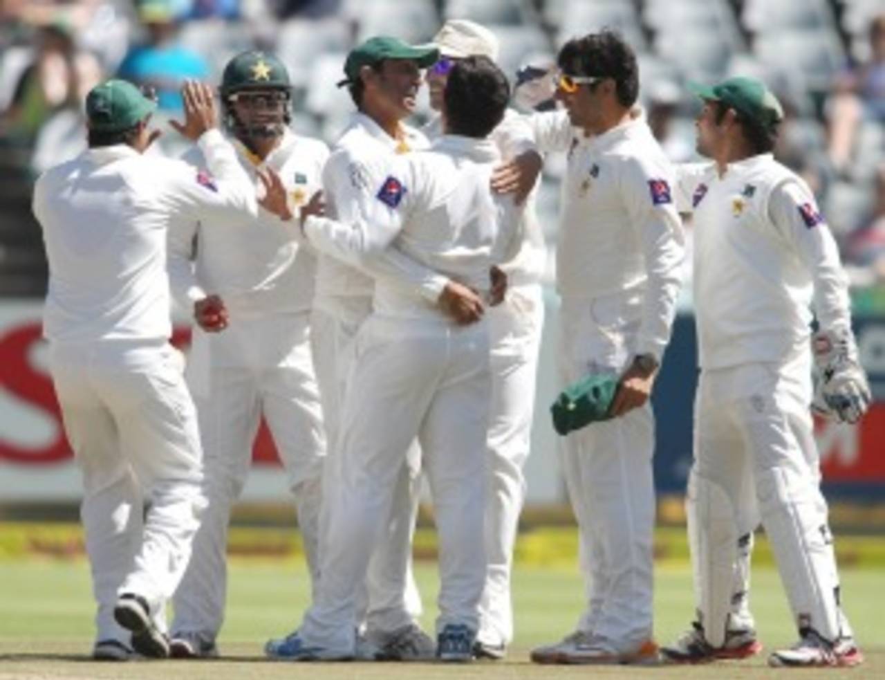 Saeed Ajmal is congratulated by his team-mates, South Africa v Pakistan, 2nd Test, Cape Town, 2nd day, February 15, 2013