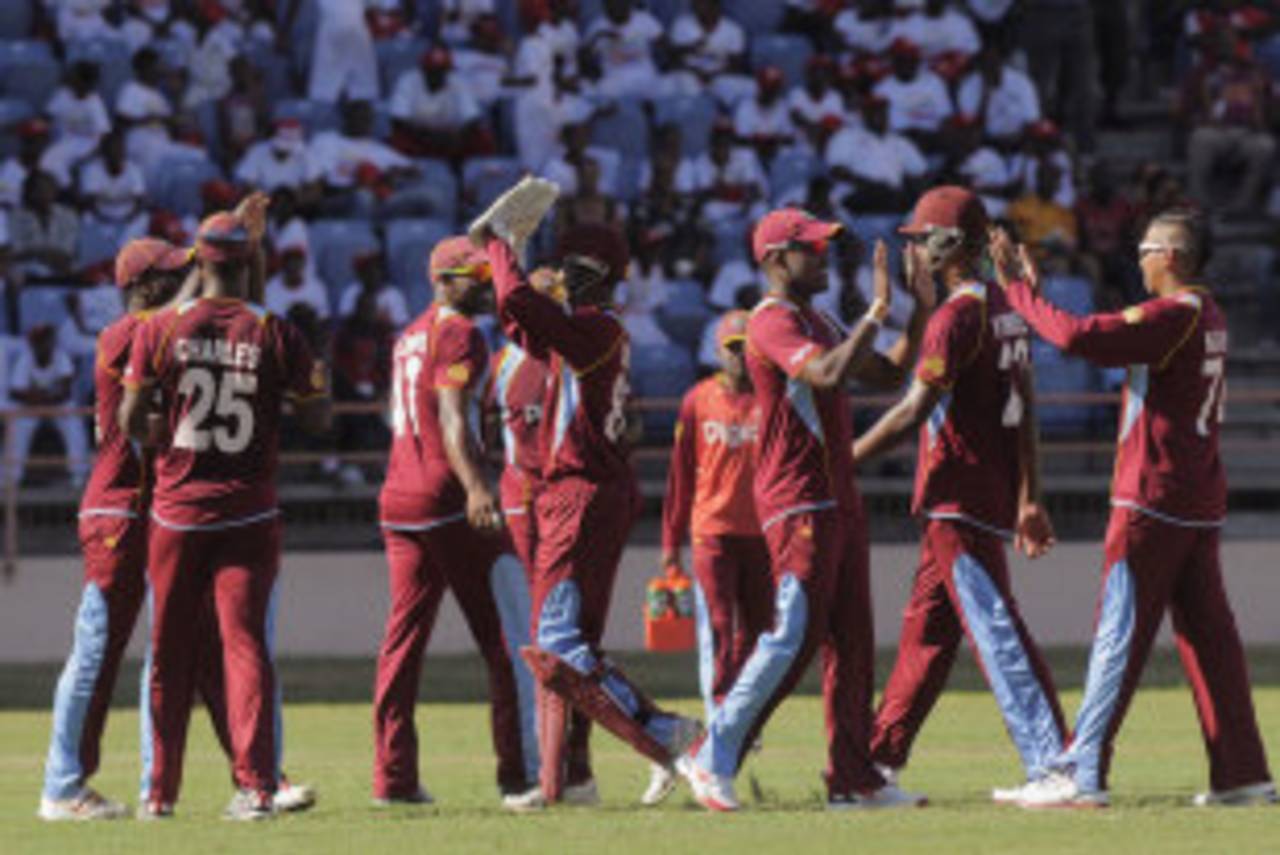 West Indies celebrate a wicket on their way to a comprehensive win, West Indies v Zimbabwe, 1st ODI, Grenada, February 22, 2013