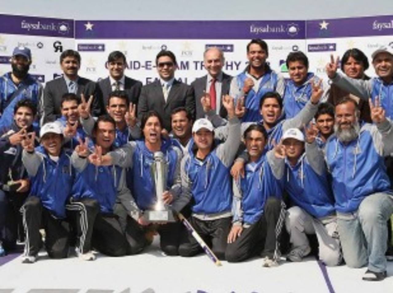 Karachi Blues with their Quaid-e-Azam trophy after winning the final, Karachi Blues v Sialkot, Final, Quaid-e-Azam trophy, 5th day, Lahore, February 28, 2013