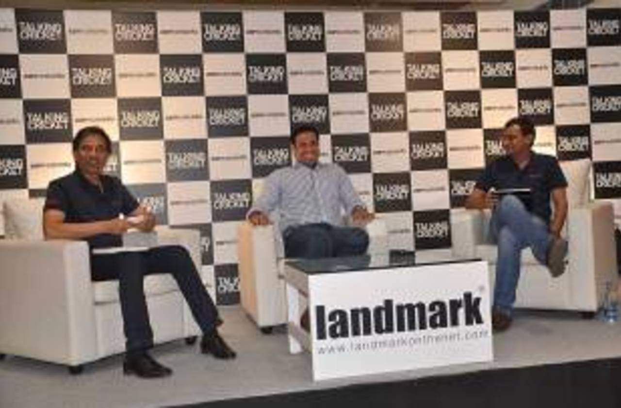 Harsha Bhogle, ESPNcricinfo editor Sambit Bal, and VVS Laxman during a discussion at the launch of <i>Talking Cricket</i>, Hyderabad, March 1, 2013