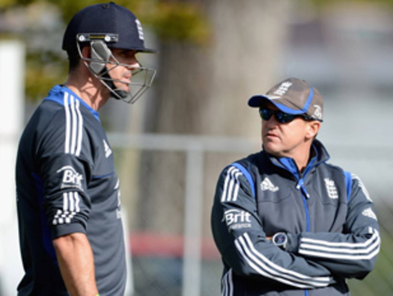 Kevin Pietersen and Andy Flower have a chat during training, Dunedin, March 4, 2013