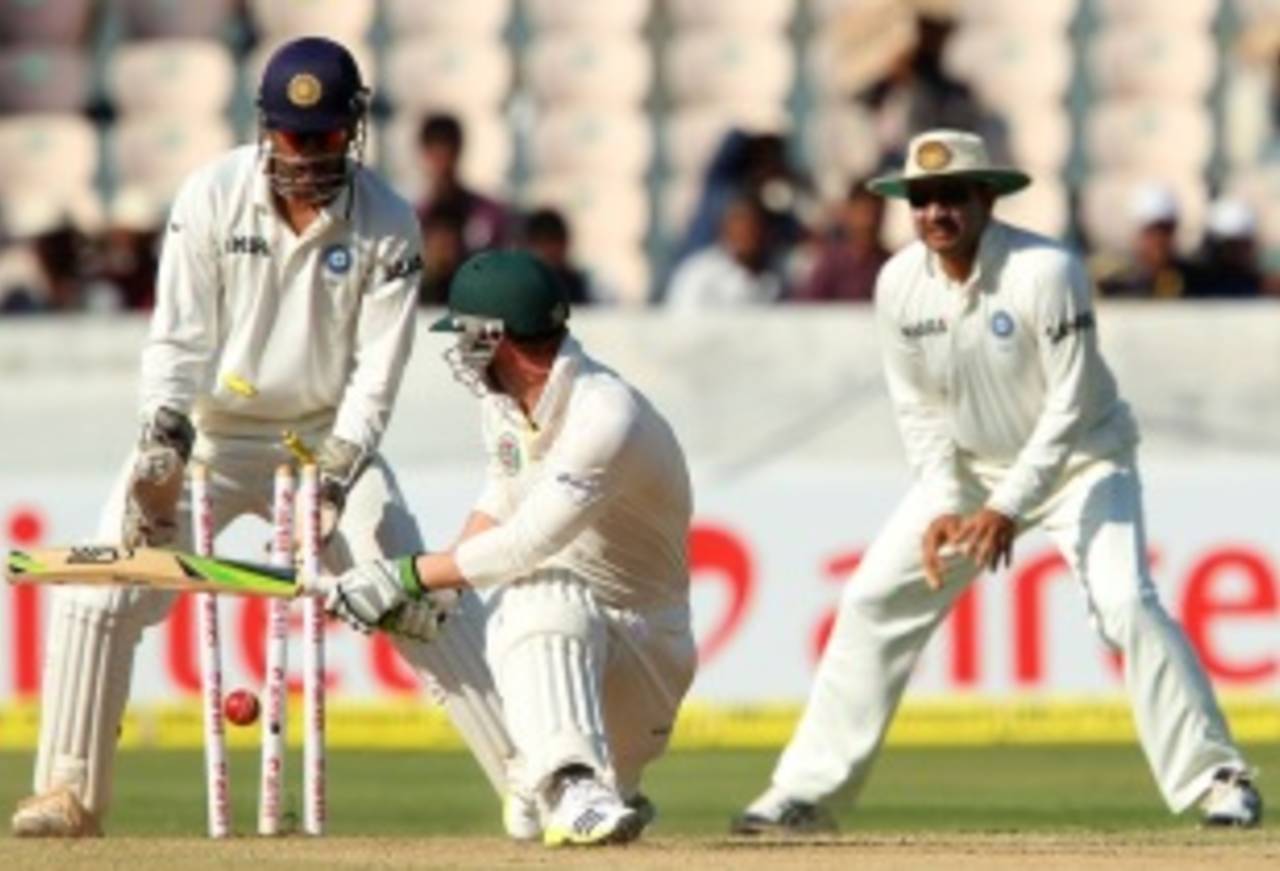 Phillip Hughes was also bowled by R Ashwin, India v Australia, 2nd Test, Hyderabad, 3rd day, March 4, 2013