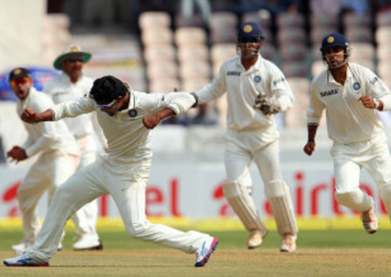 Ravindra Jadeja punches the air after getting a wicket, India v Australia, 2nd Test, Hyderabad, 4th day, March 5, 2013