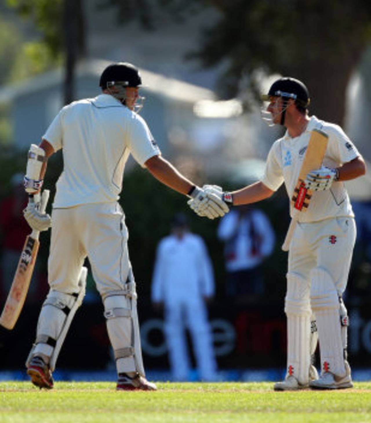 Peter Fulton congratulates Hamish Rutherford on his debut Test fifty, New Zealand v England, 1st Test, Dunedin, 2nd day, March 7, 2013