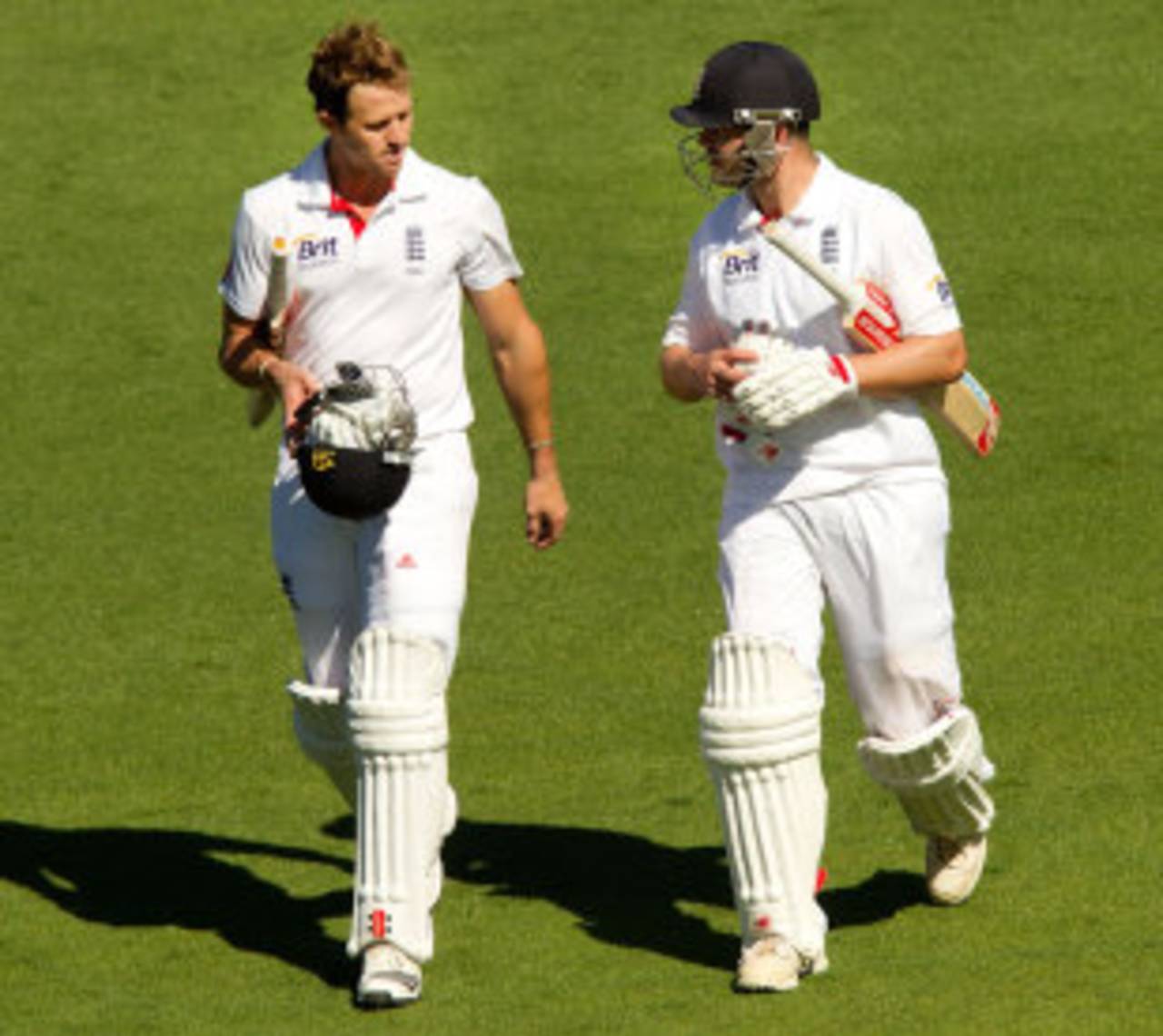Nick Compton and Jonathan Trott go off the field at tea, New Zealand v England, 2nd Test, Wellington, 1st day, March 14, 2013