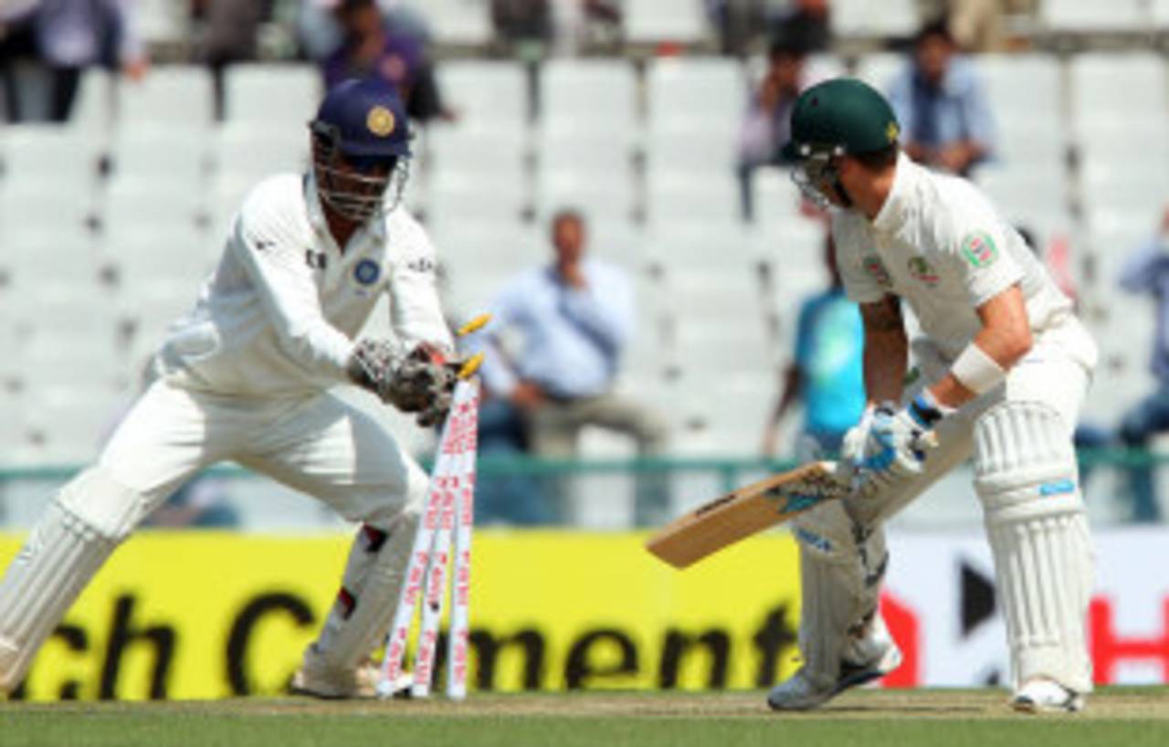 MS Dhoni stumps Michael Clarke, India v Australia, 3rd Test, Mohali, 2nd day, March 15, 2013