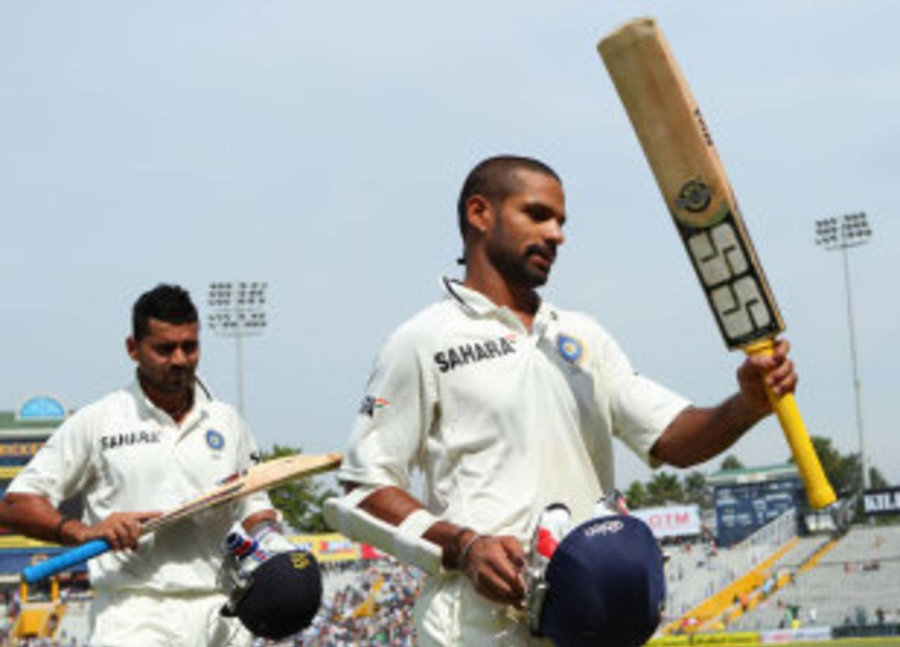 M Vijay and Shikhar Dhawan shared an unbroken opening stand of 283 runs, India v Australia, 3rd Test, 3rd day, Mohali, February 16, 2013