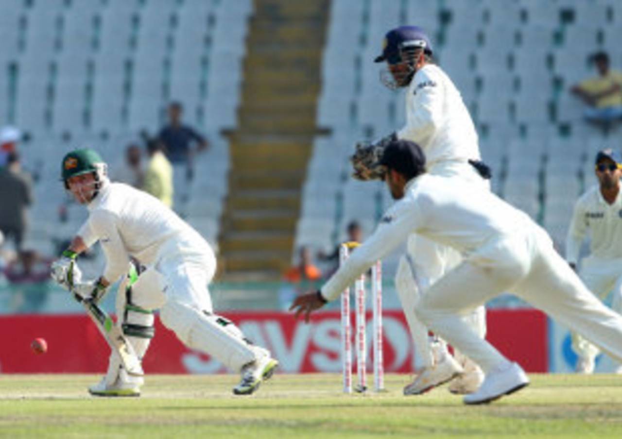 Phillip Hughes scored 69 before he was dismissed by R Ashwin, India v Australia, 3rd Test, 5th day, Mohali, March 18, 2013