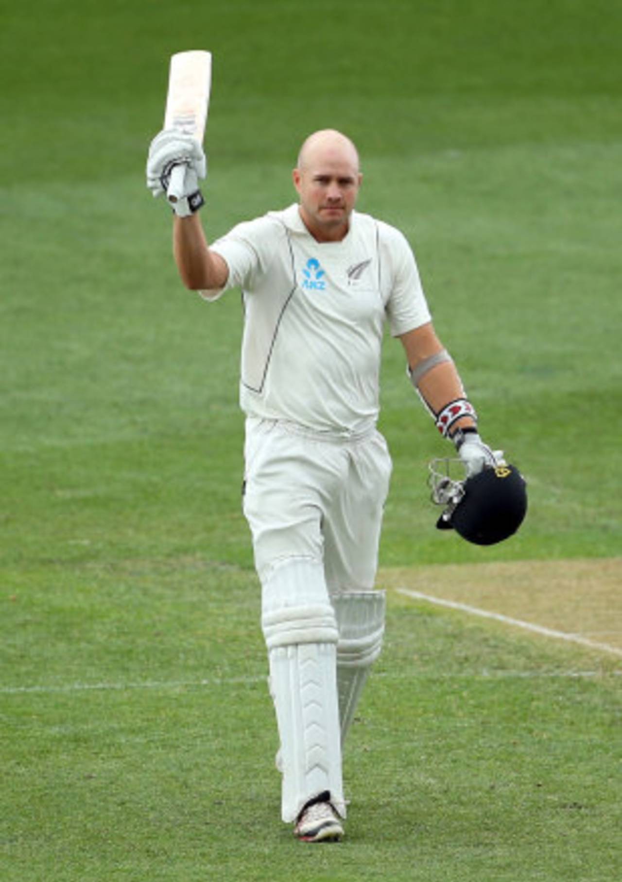 Peter Fulton raises his bat after scoring his maiden century, New Zealand v England, 3rd Test, 1st day, Auckland, March 22, 2013