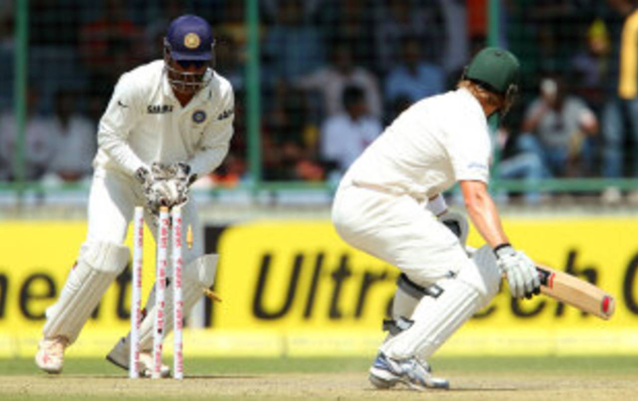 Shane Watson looks back to see he is stumped by MS Dhoni, India v Australia, 4th Test, Delhi, 1st day, March 22, 2013