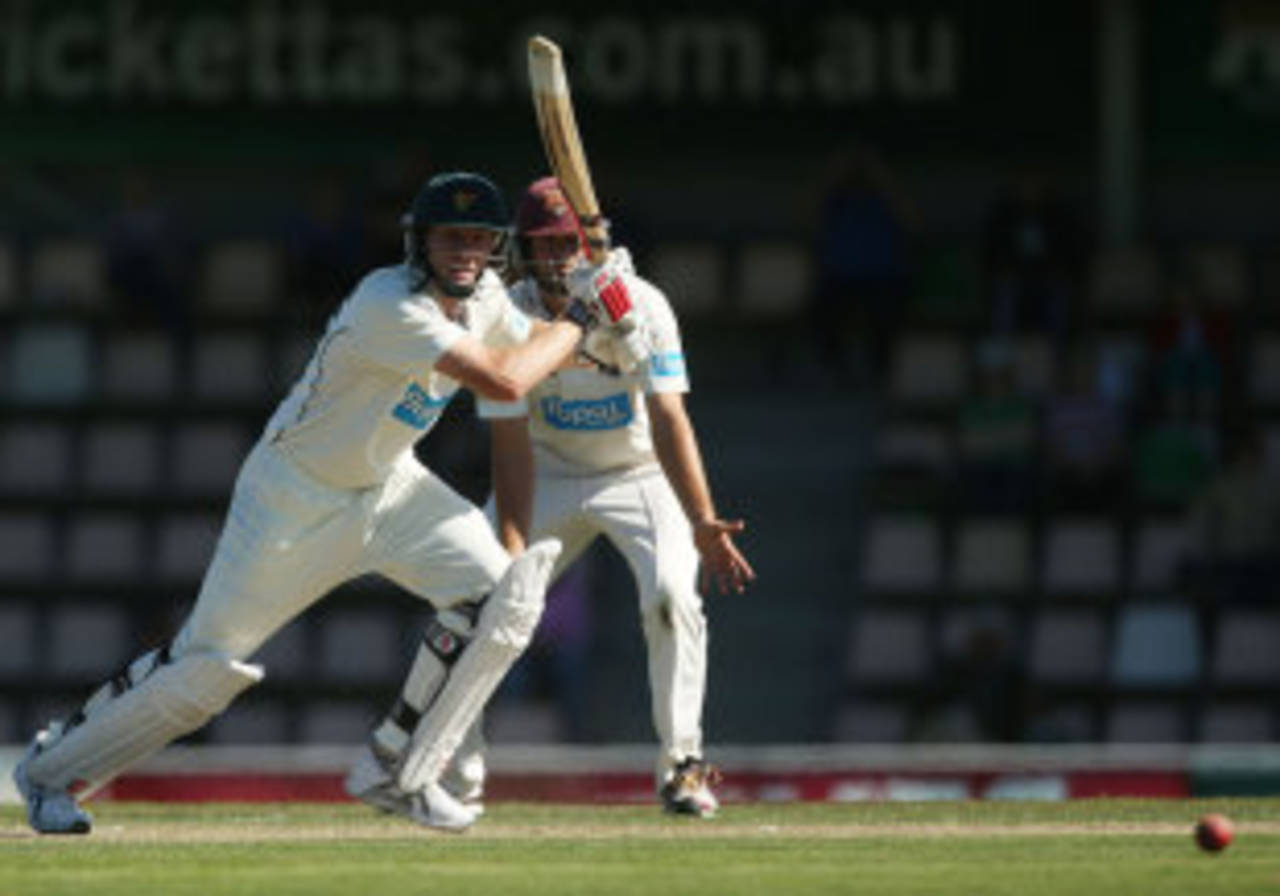 James Faulkner drives the ball during his innings of 83 not out, Tasmania v Queensland, Sheffield Shield final, Hobart, March 25, 2013