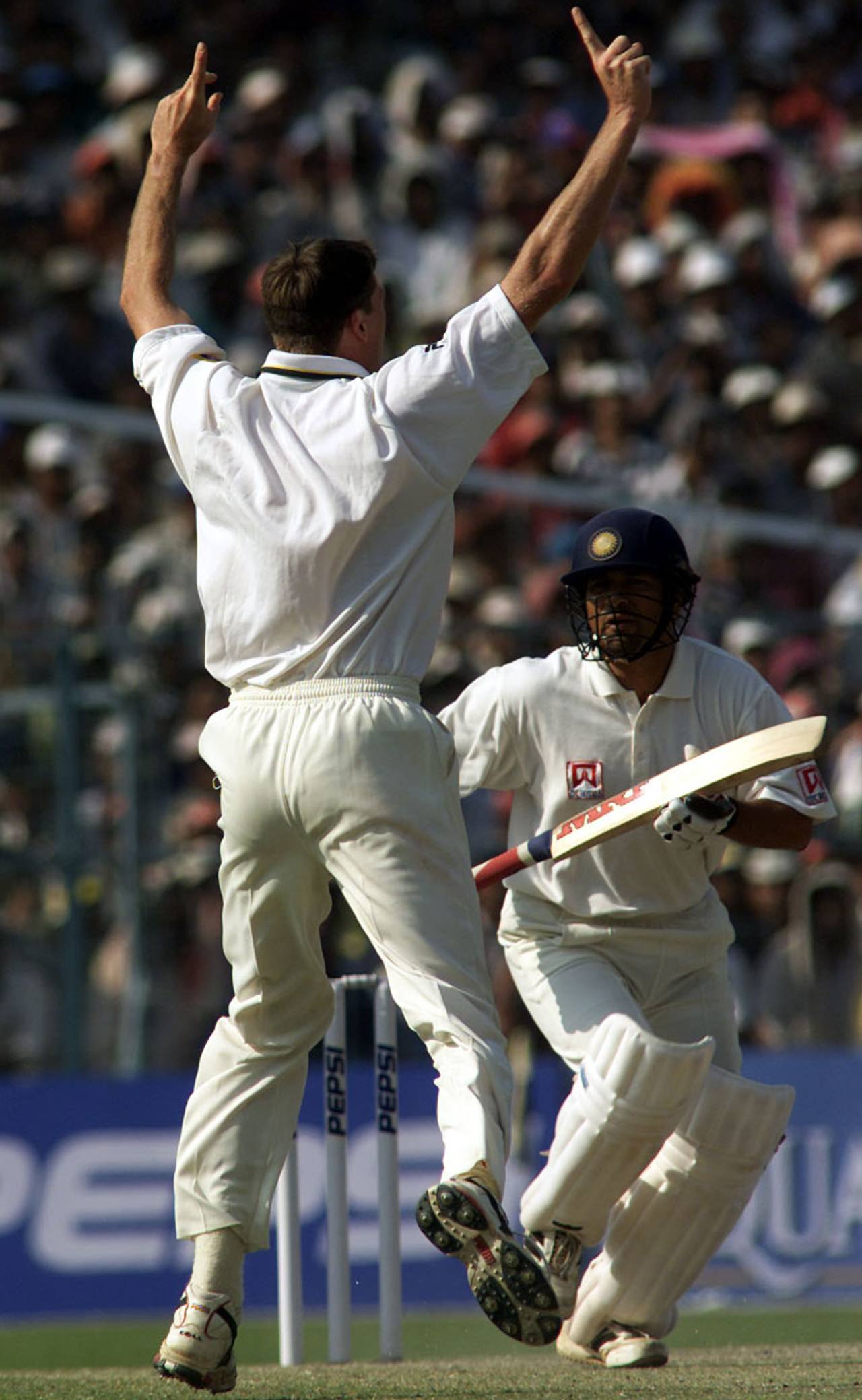 Glenn McGrath celebrates Sachin Tendulkar's dismissal on the second day at Eden Gardens in 2001&nbsp;&nbsp;&bull;&nbsp;&nbsp;Getty Images
