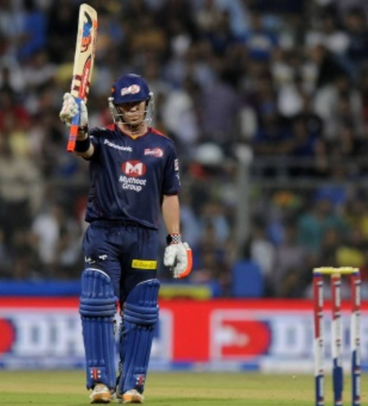 David Warner acknowledges the crowd after his fifty, Mumbai Indians v Delhi Daredevils, IPL, Mumbai, April 9, 2013