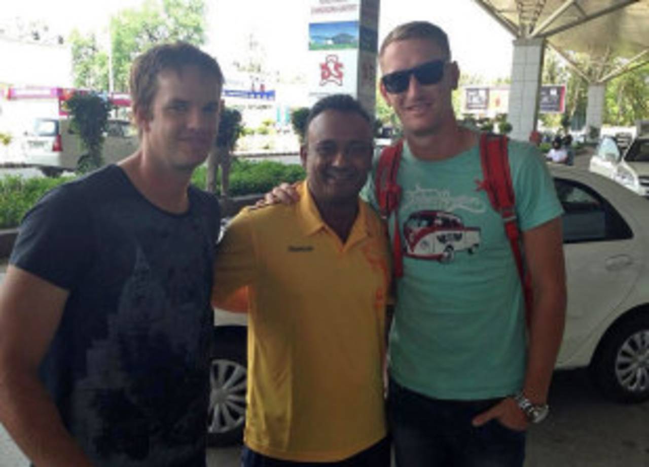 Albie Morkel and Chris Morris: met by Chennai Super Kings manager Russell Radhakrishnan on arrival&nbsp;&nbsp;&bull;&nbsp;&nbsp;ESPNcricinfo Ltd