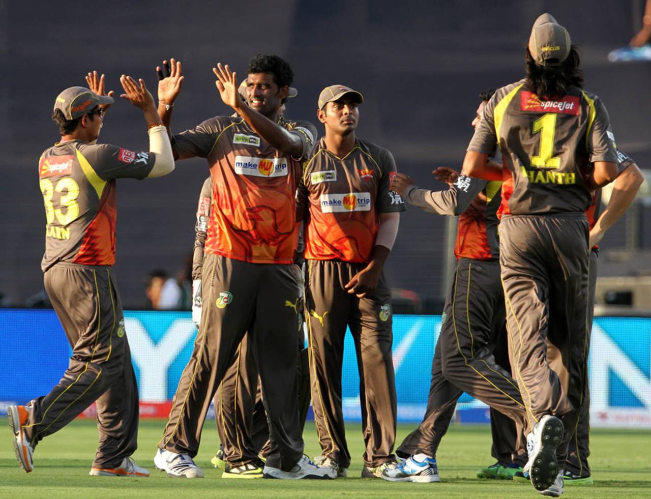 Thisara Perera celebrates with team mates, Pune Warriors v Sunrisers Hyderabad, IPL, Pune, April 17, 2013