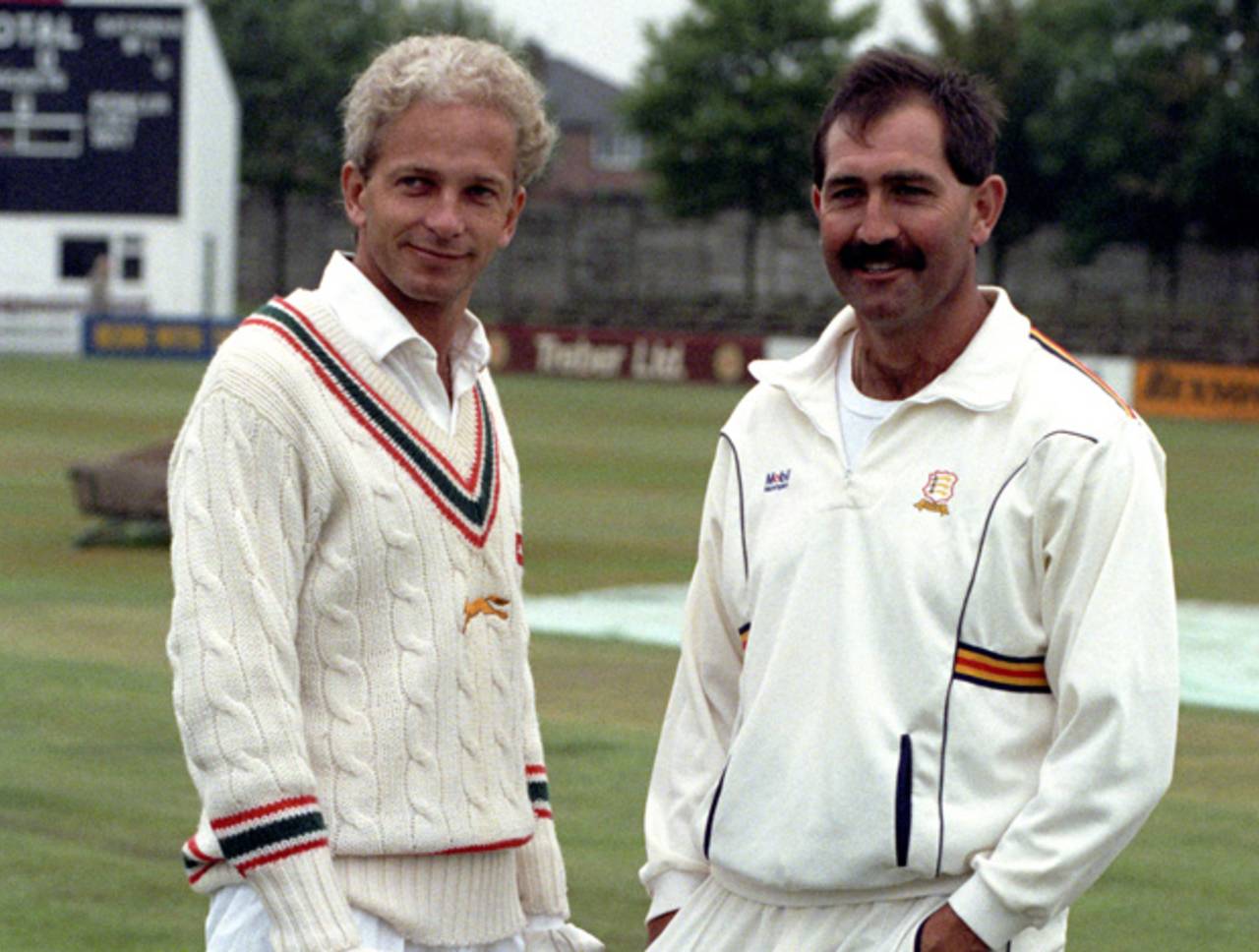 David Gower and Graham Gooch pose for photographs before the start of the county match, Leicestershire v Essex, County Championship, Grace Road, 1st day, September 8, 1989