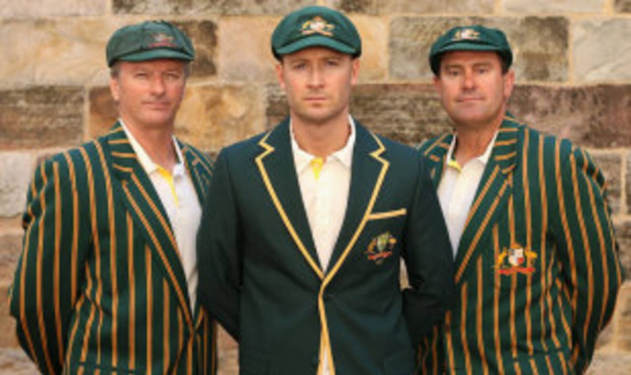 Steve Waugh, Michael Clarke and Mark Taylor pose for the cameras at the 2013 Ashes squad announcement, Sydney, April 24, 2013