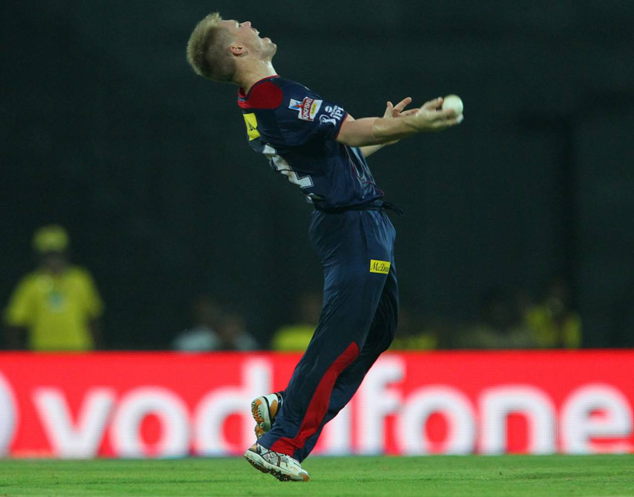 David Warner exults after taking a catch to dismiss Suresh Raina, Chennai Super Kings v Delhi Daredevils, IPL 2013, Chennai, May 14, 2013