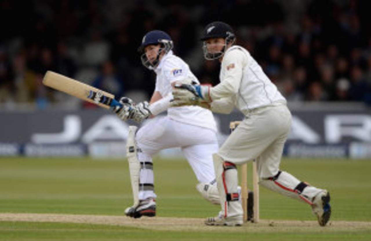 Joe Root sweeps during a slow day's play, England v New Zealand, 1st Investec Test, Lord's, 1st day, May 16, 2013