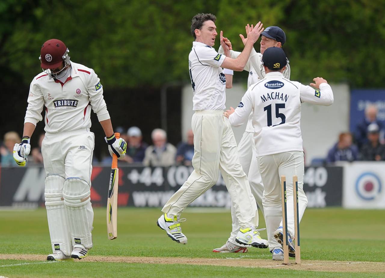 Steve Magoffin celebrates the wicket of Arul Suppiah, Sussex v Somerset, County Championship, Division One, Horsham, 1st day, May, 22, 2013