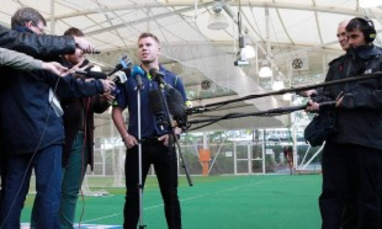 David Warner speaks to the media in Sydney, May 23, 2013