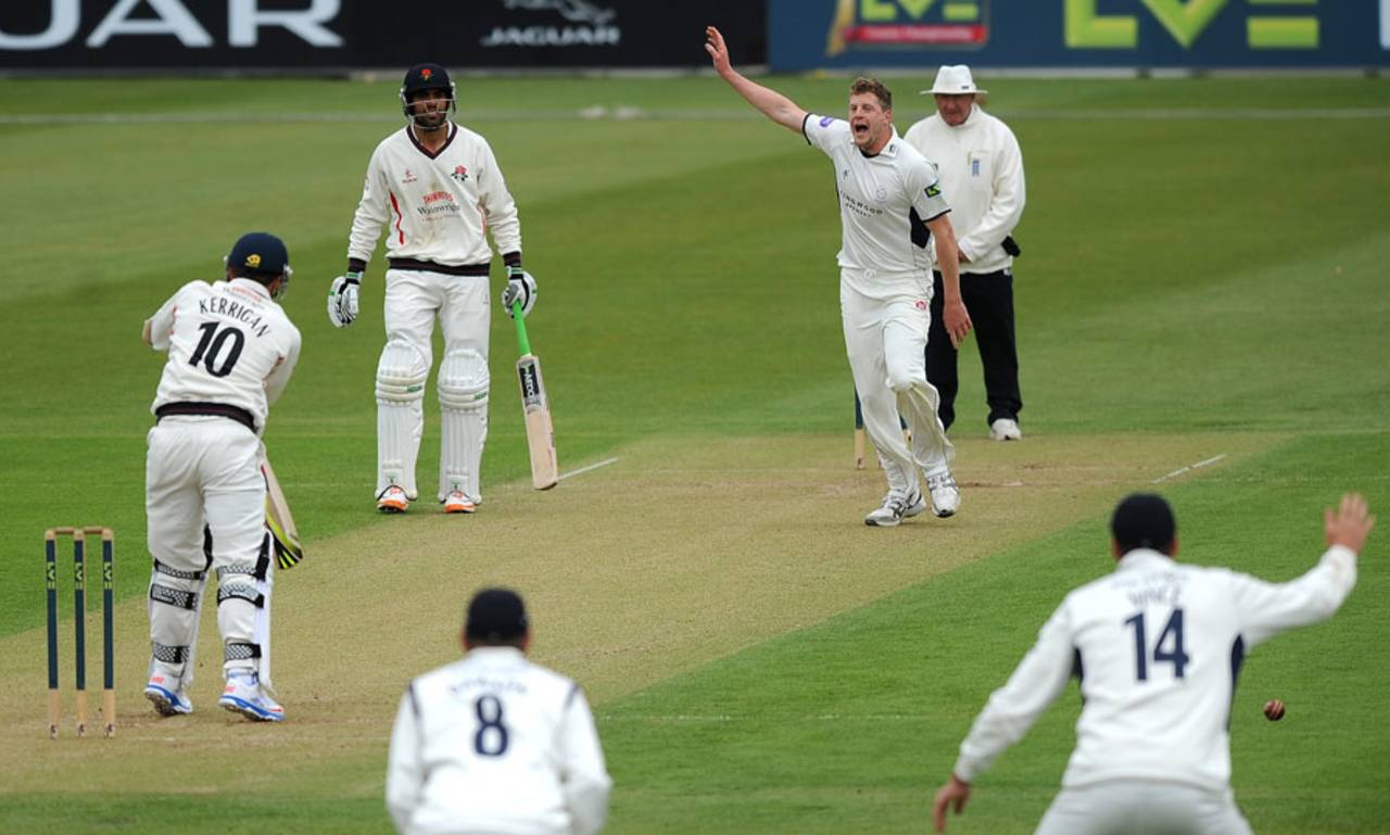 David Balcombe appeals unsuccessfully for the wicket of Simon Kerrigan, Hampshire v Lancashire, County Championship, Divison Two, Ageas Bowl, 2nd day, May 24, 2013