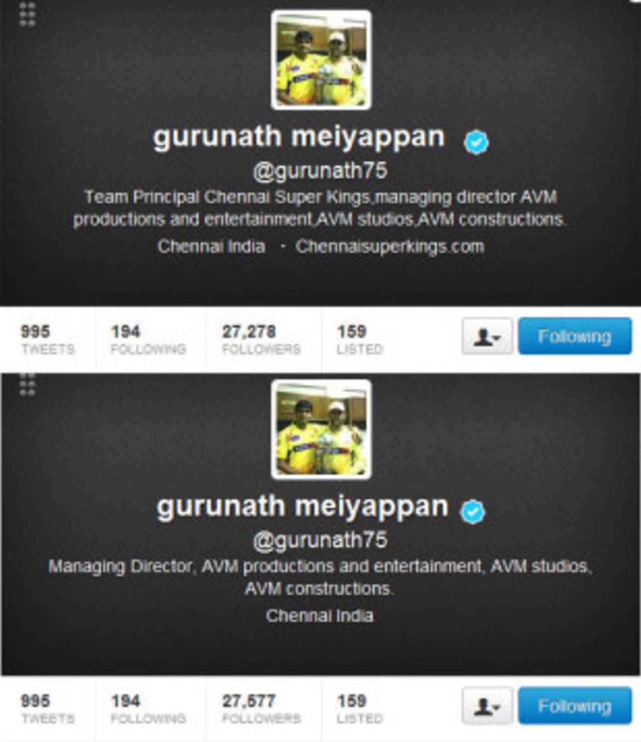 Screenshots of Gurunath Meiyappan's twitter account 30 minutes apart. The one on top claims an affiliation with Chennai Super Kings, but the one below reflects some interesting changes