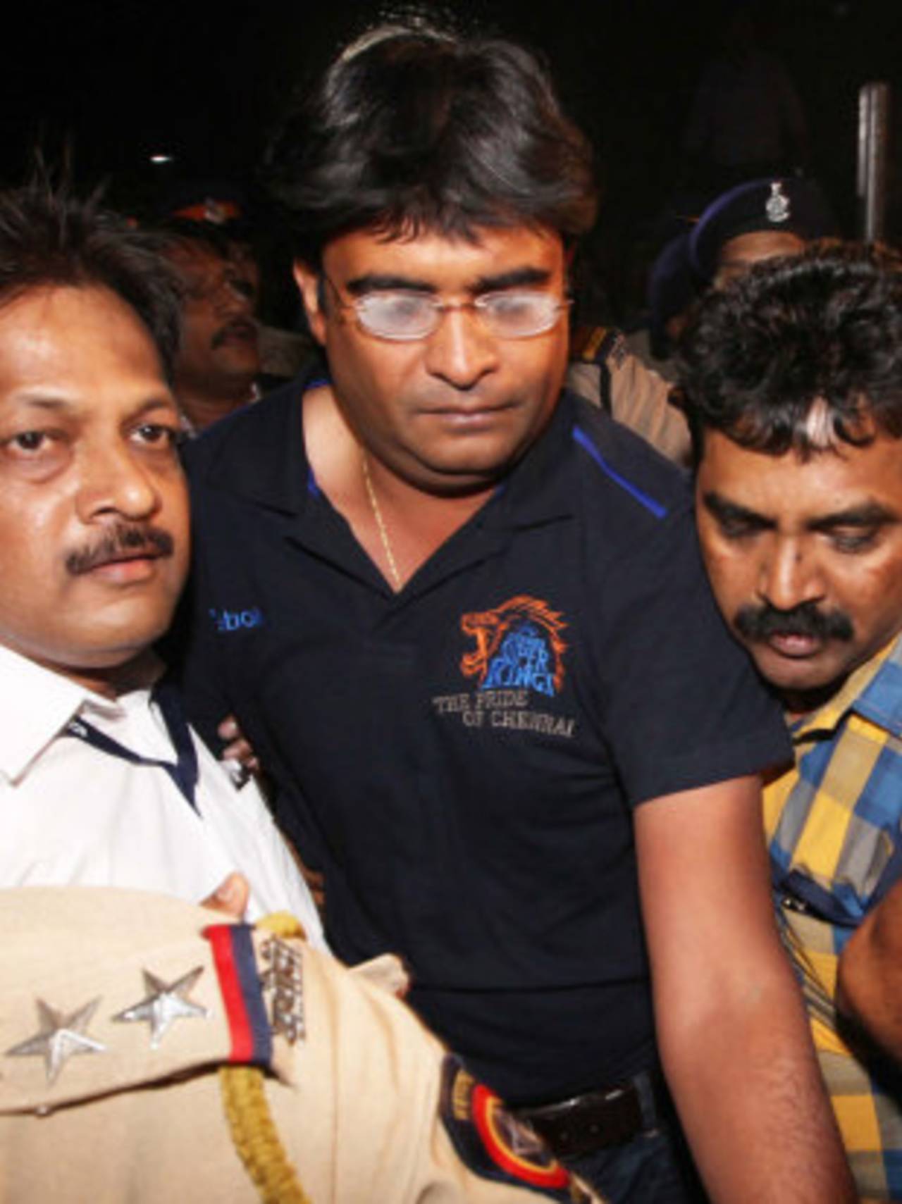 Gurunath Meiyappan is escorted after being arrested by Mumbai Police, May 24, 2013