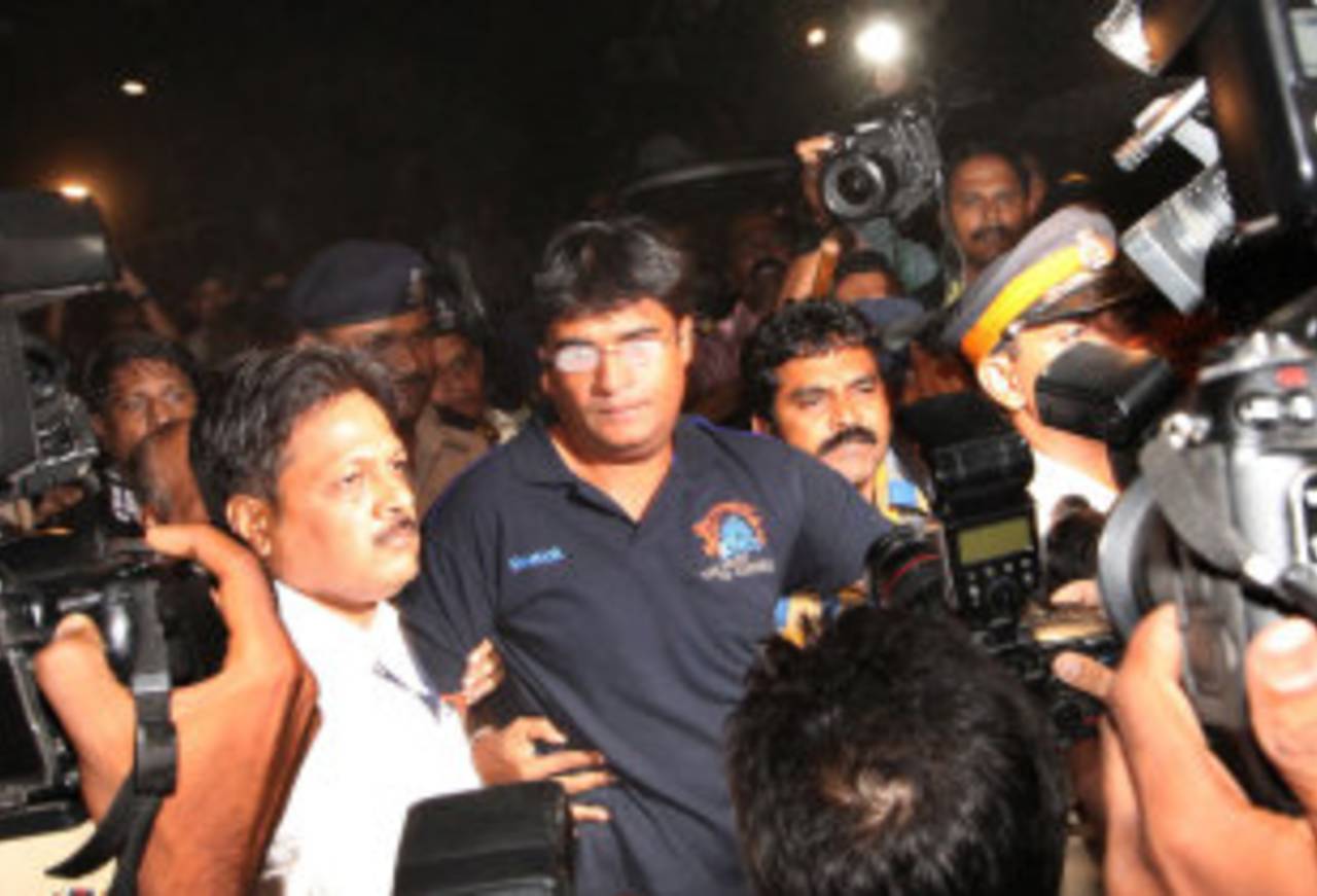 Gurunath Meiyappan with Mumbai Police after being arrested for his involvement in the IPL spot-fixing scandal, May 24, 2013