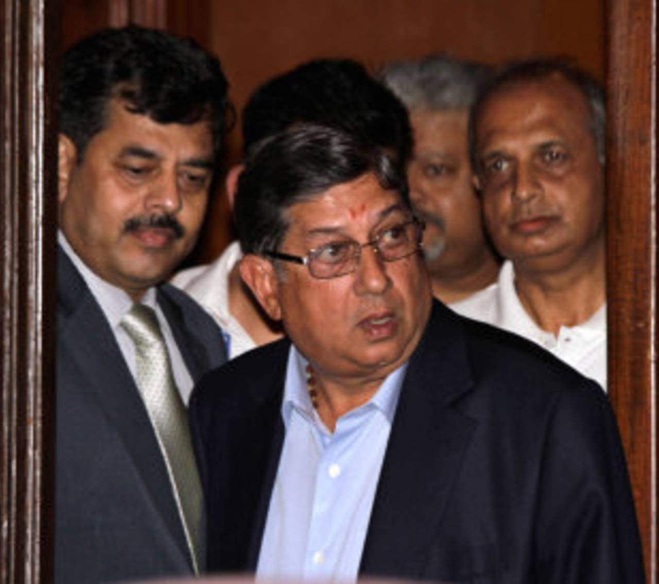 N Srinivasan arrives at a press conference in Kolkata, May 26, 2013