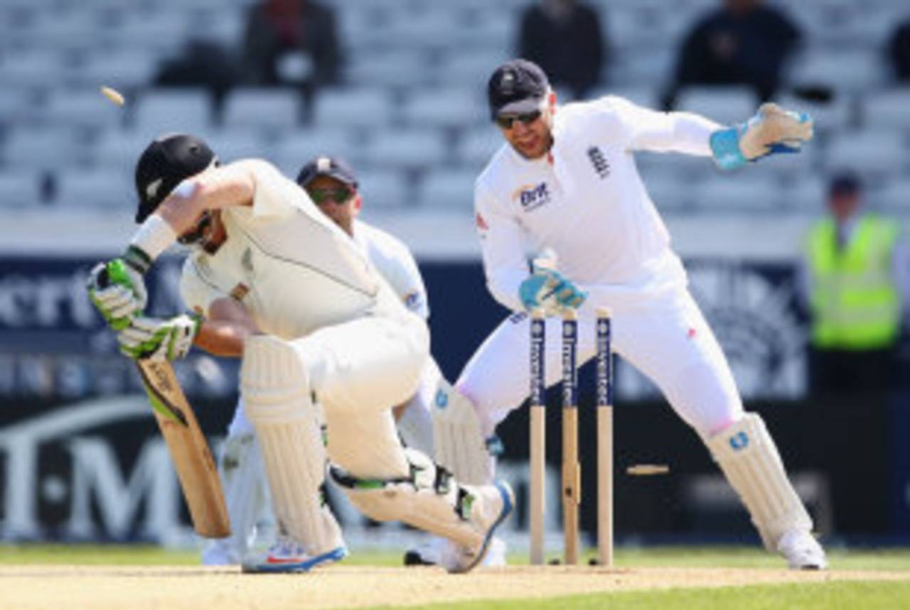 Martin Guptill is bowled through the gate, England v New Zealand, 2nd Investec Test, Headingley, 3rd day, May 26, 2013