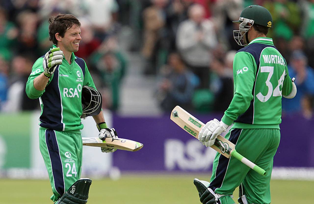 Tim Murtagh congratulates Ed Joyce on his century, Ireland v Pakistan, 2nd ODI, Dublin, May 26, 2013