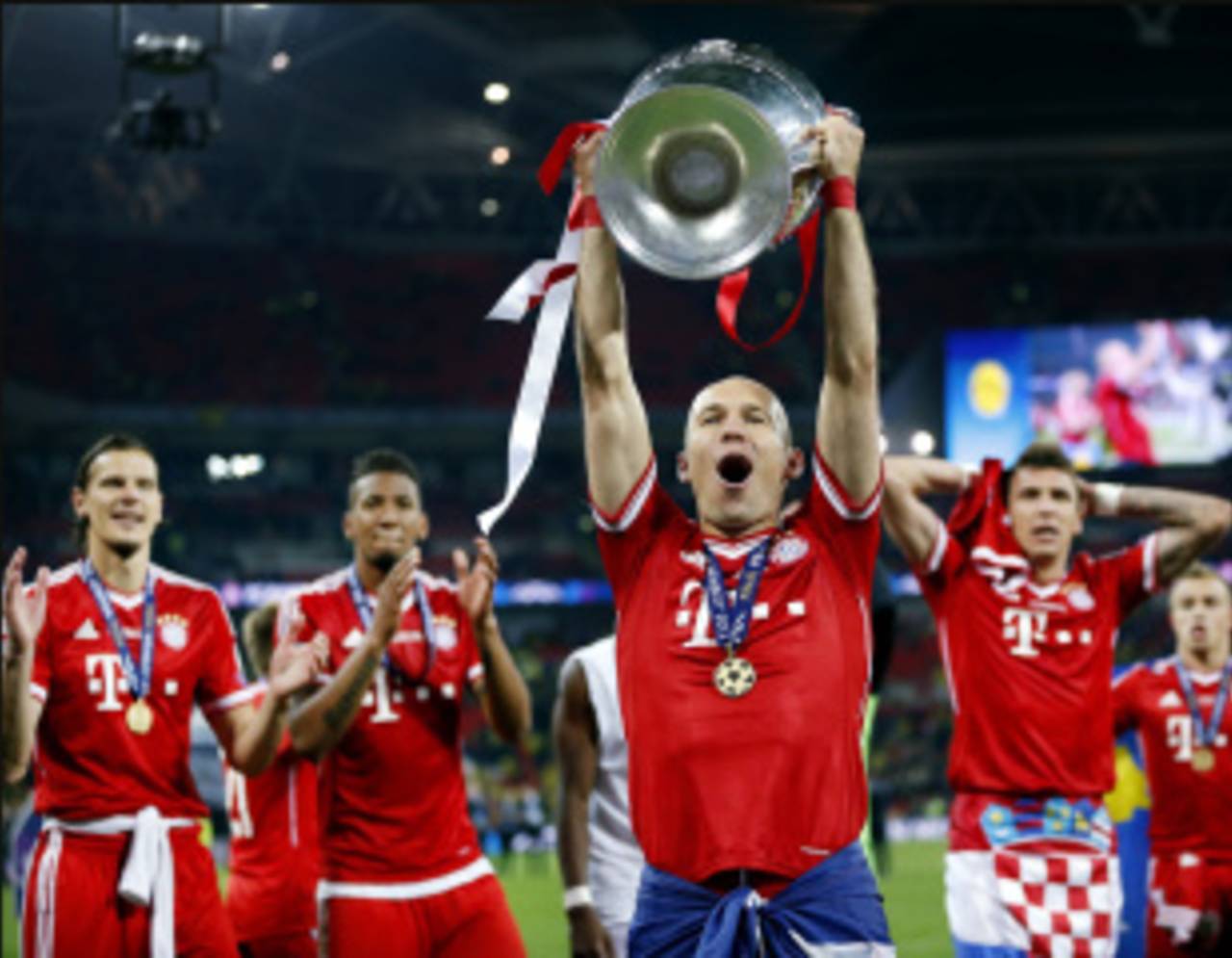 Arjen Robben lifts the trophy after Bayern's victory, Bayern Munich v Borussia Dortmund, Champions League final, Wembley, May 25, 2012