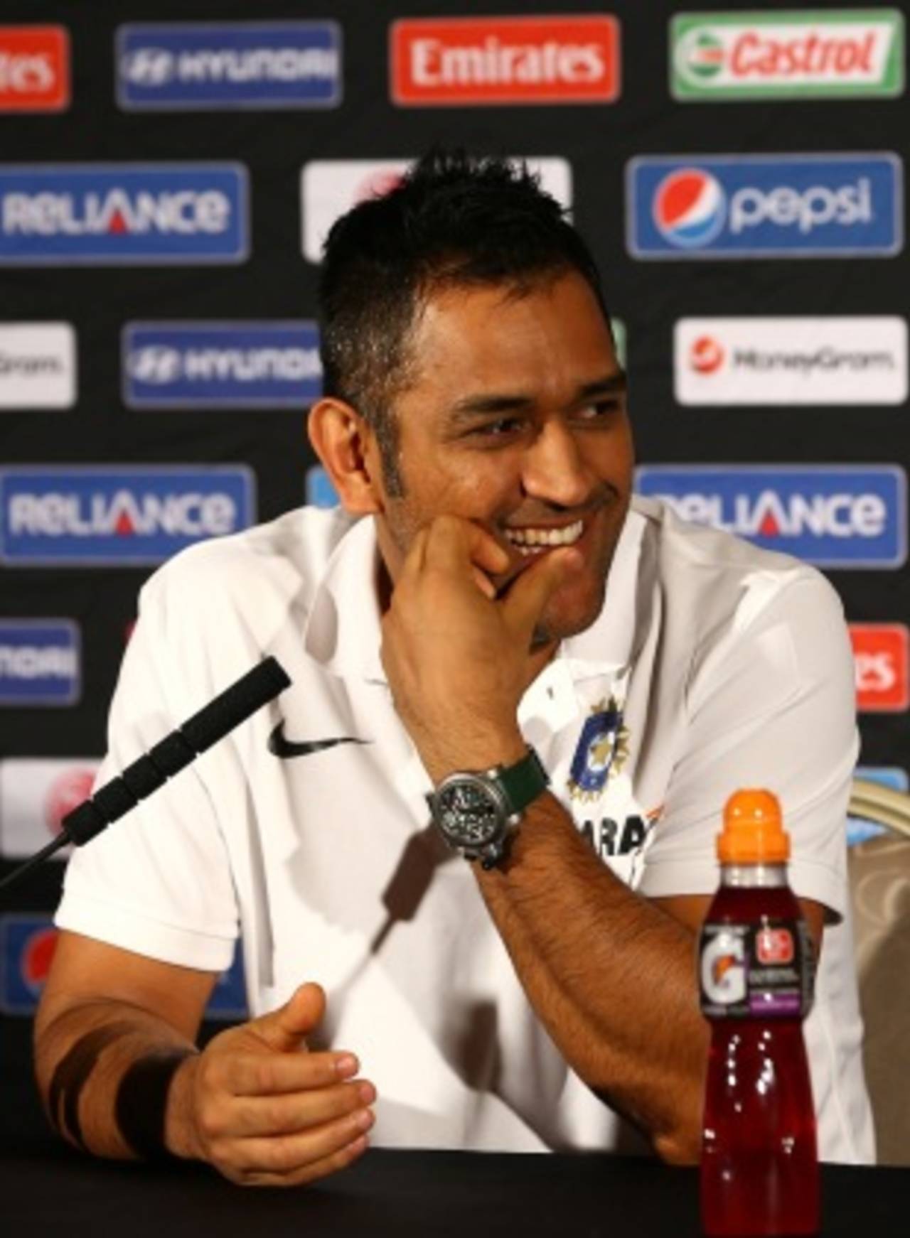 MS Dhoni while talking to the press ahead of the Champions Trophy, Birmingham, May 30, 2013
