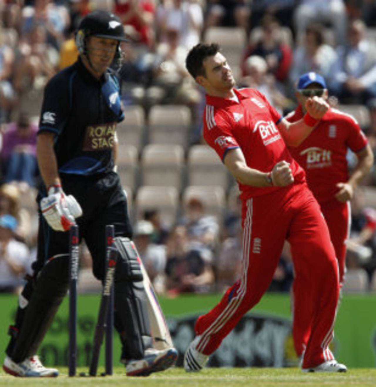 James Anderson celebrates castling Luke Ronchi, England v New Zealand, 2nd ODI, Ageas Bowl, June 2, 2013