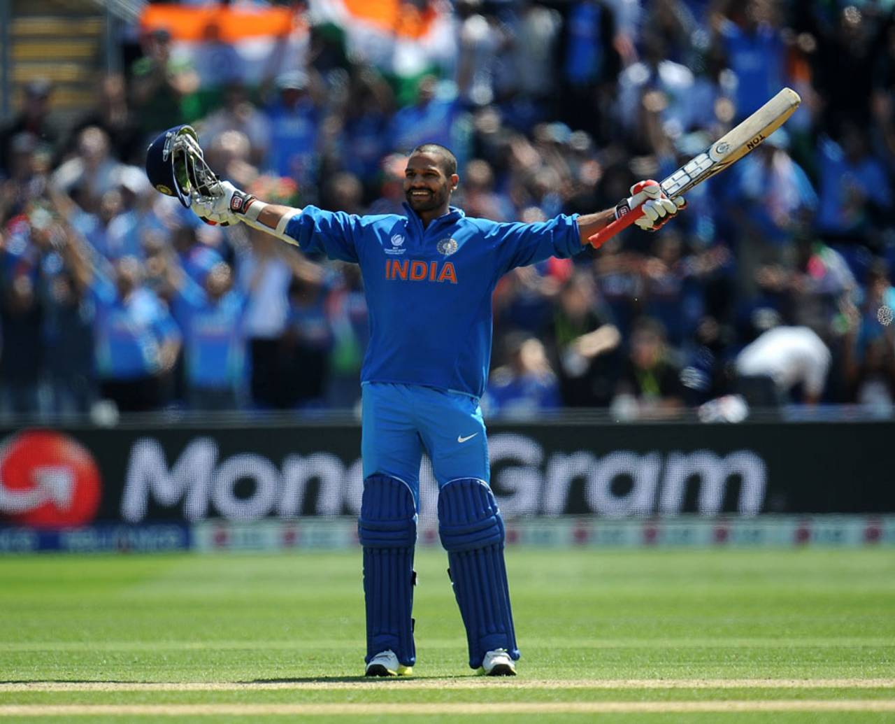 Shikhar Dhawan celebrates his maiden ODI century, India v South Africa, Champions Trophy, Group B, Cardiff, June 6, 2013