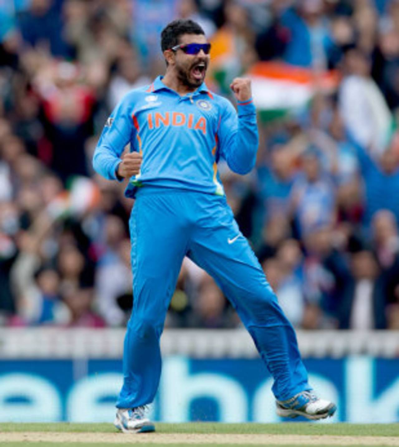 Ravindra Jadeja pumps his fist after snaring another victim, India v West Indies, Champions Trophy, Group B, The Oval, June 11, 2013