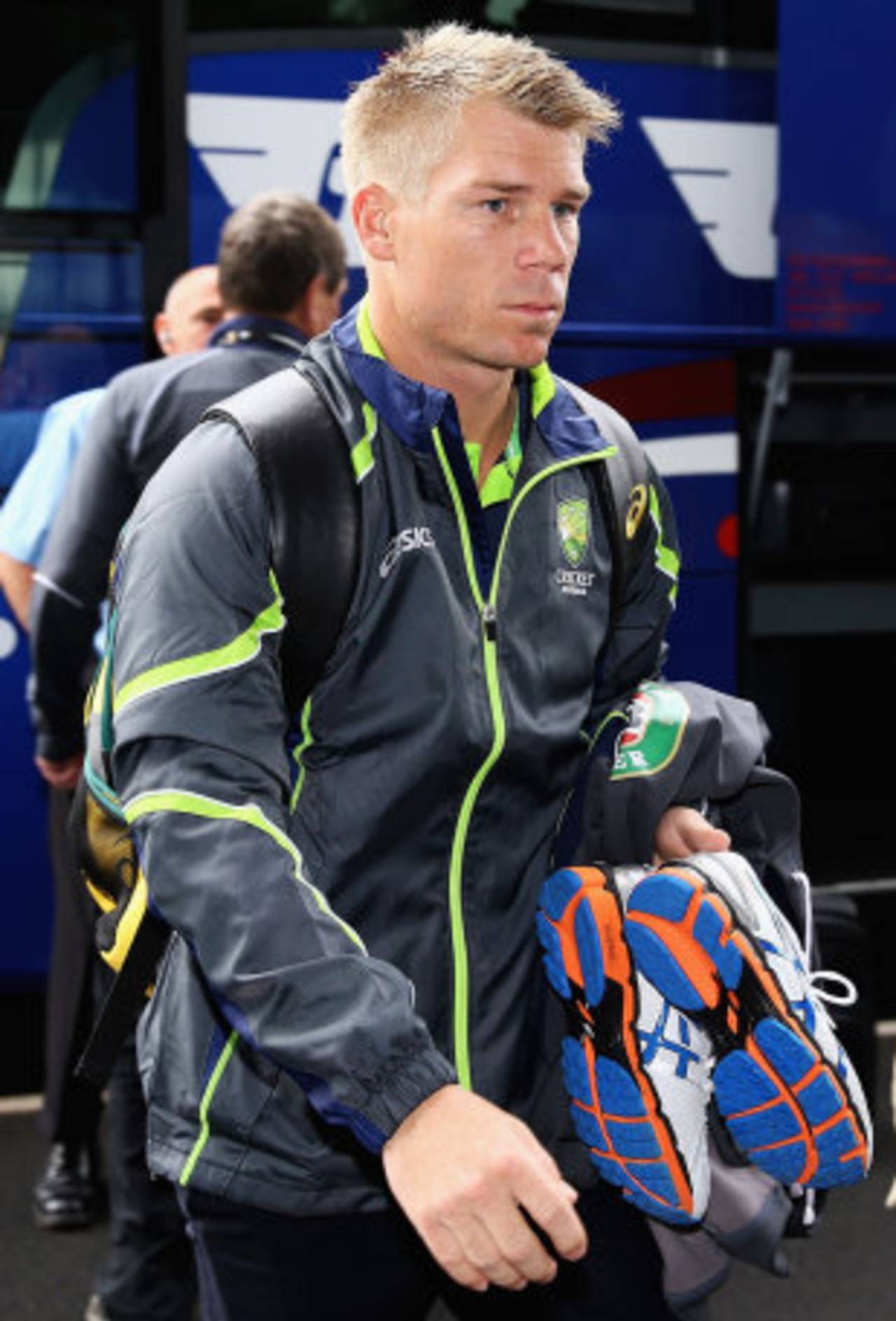 David Warner arrives at the stadium for a training session, Edgbaston, June 12, 2013