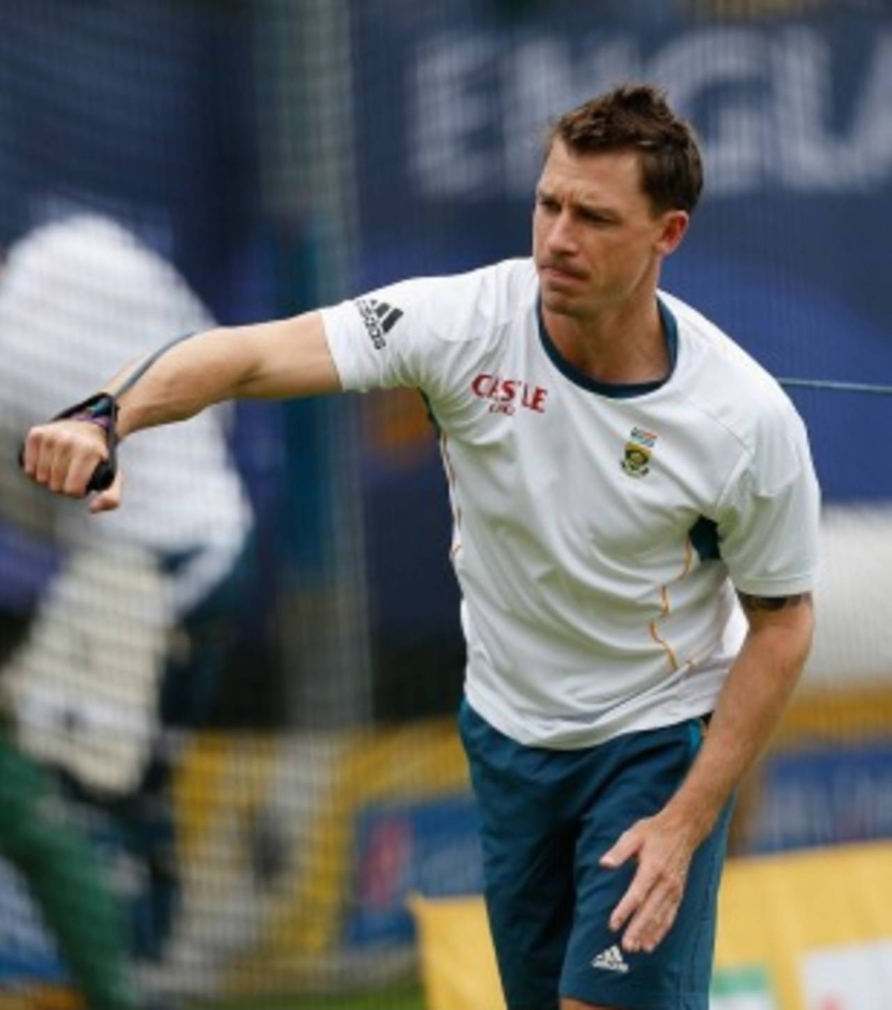 Dale Steyn warms up for a practice session, Cardiff, June 12, 2013