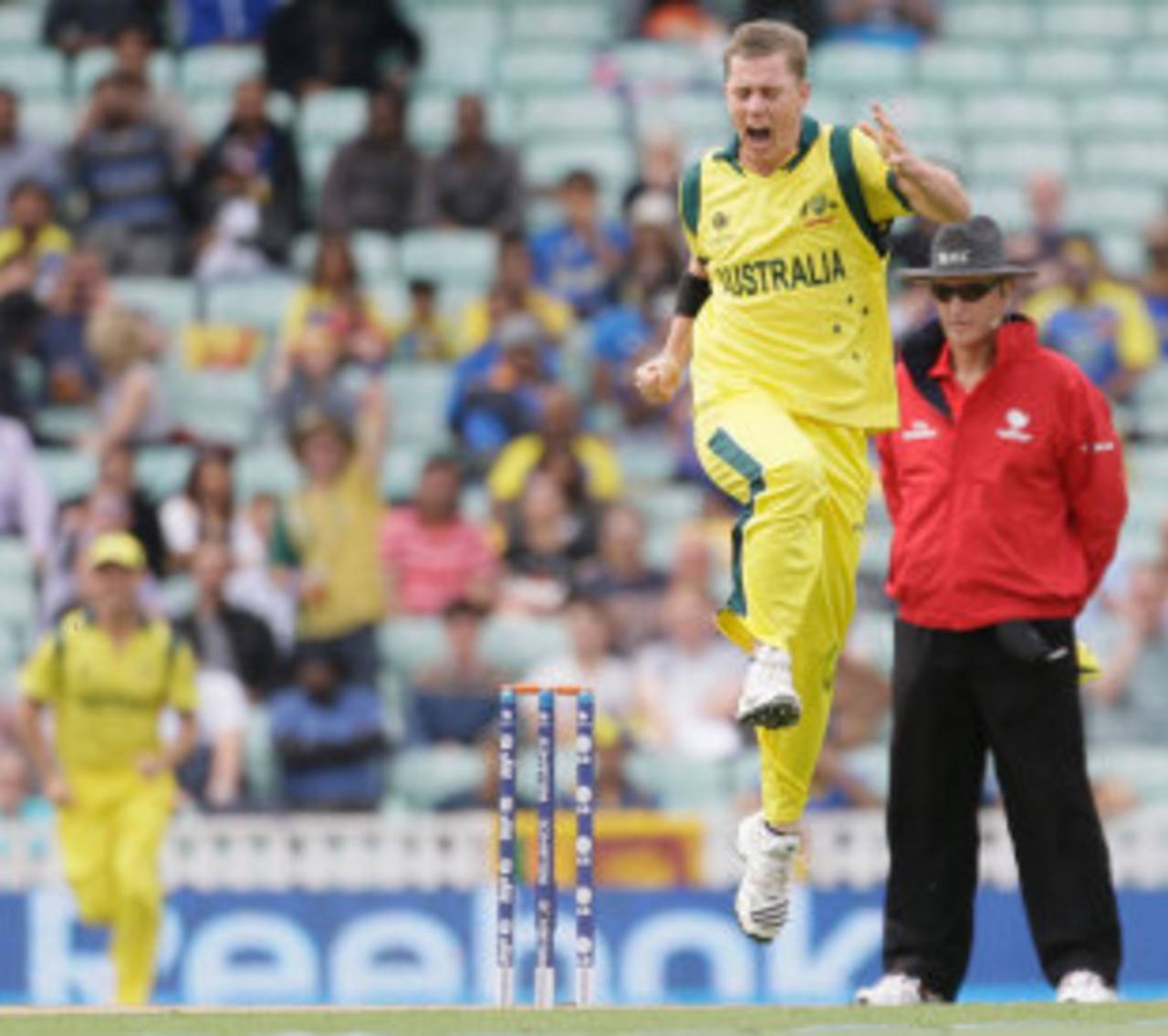 Xavier Doherty jumps in joy after getting a wicket, Australia v Sri Lanka, Champions Trophy, Group A, The Oval, June 17, 2013