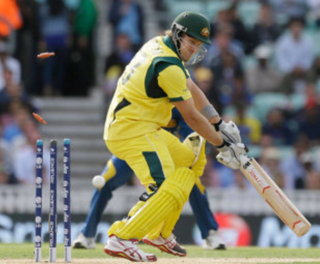 Shane Watson drags one onto his stumps, Australia v Sri Lanka, Champions Trophy, Group A, The Oval, June 17, 2013